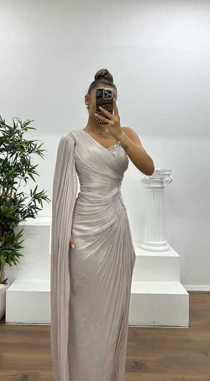 Vizon Tek Kol Bel Detay Abiye Elbise