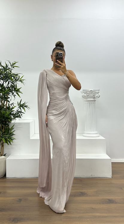 Vizon Tek Kol Bel Detay Abiye Elbise