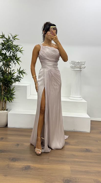 Mink One Shoulder Drape Detail Chiffon Evening Dress