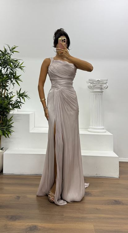 Mink One Shoulder Drape Detail Chiffon Evening Dress
