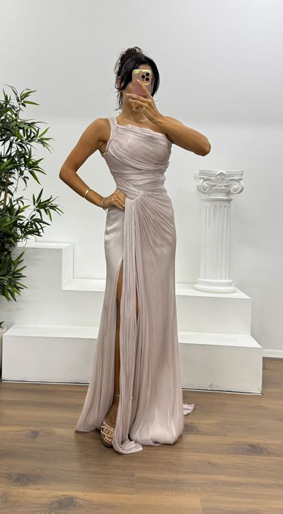 Mink One Shoulder Drape Detail Chiffon Evening Dress