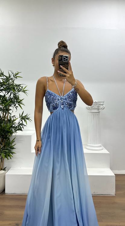 Mavi İp Askılı Örme Şifon Abiye Elbise