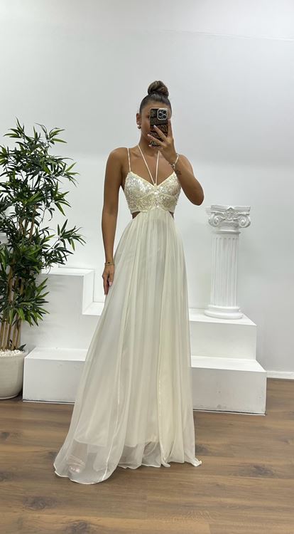 Beyaz İp Askılı Örme Şifon Abiye Elbise