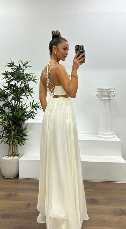 Beyaz İp Askılı Örme Şifon Abiye Elbise