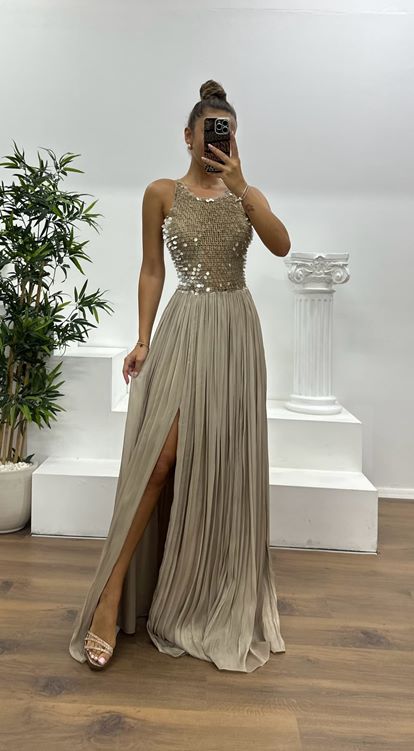 Vizon İp Askılı Örme Pullu Abiye Elbise