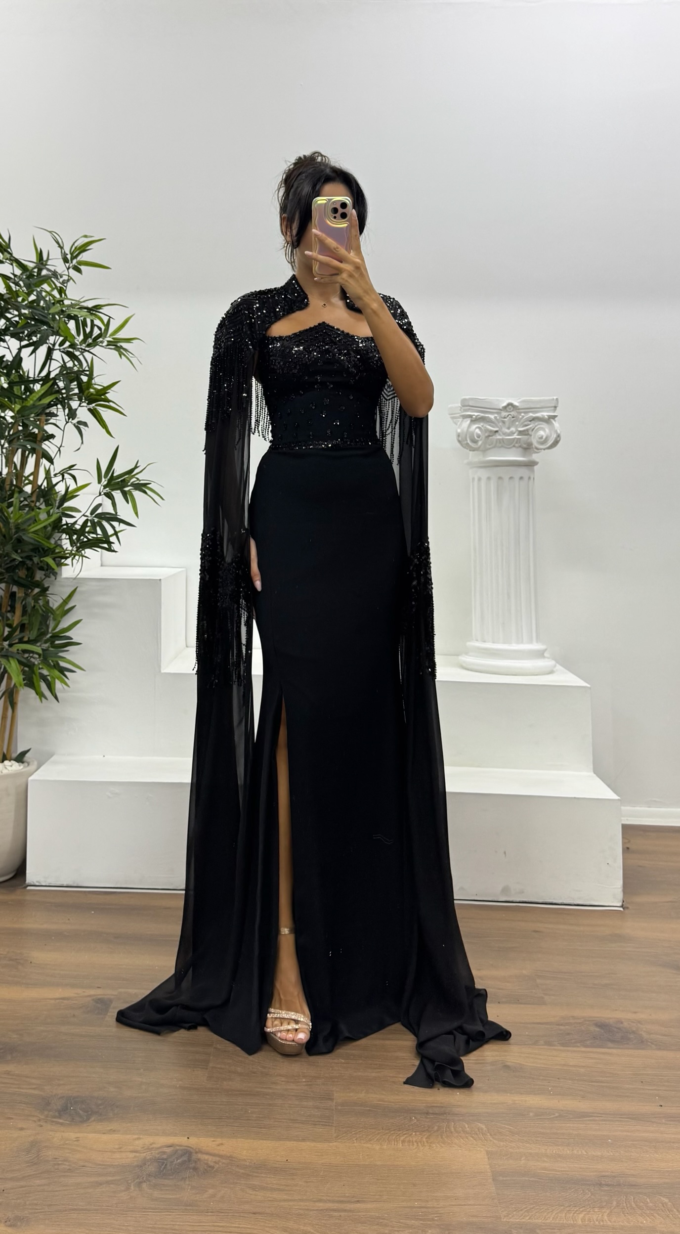 Black Strapless Cape Evening Dress