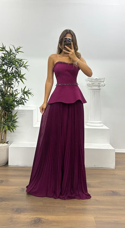 Plum Strapless Pleated Evening Dress