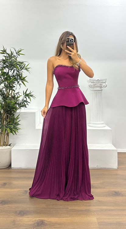 Plum Strapless Pleated Evening Dress
