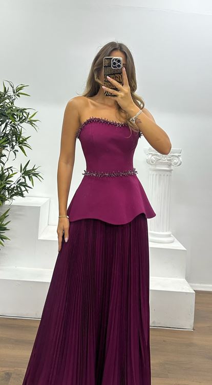 Plum Strapless Pleated Evening Dress