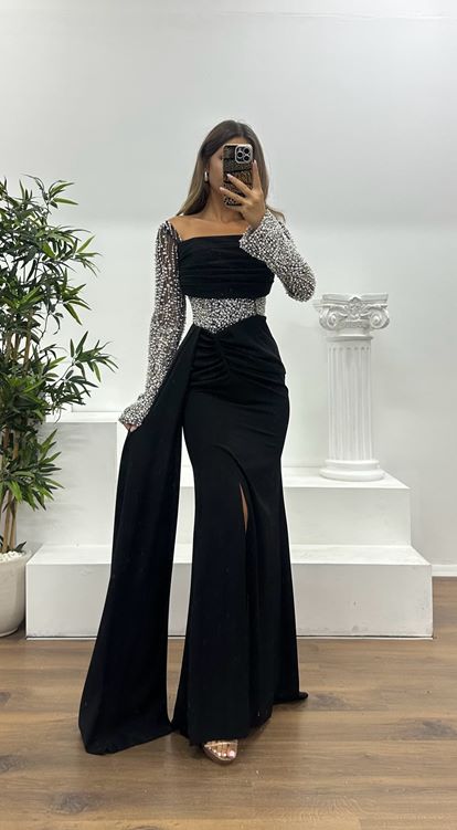 Siyah Bel Detay Abiye Elbise