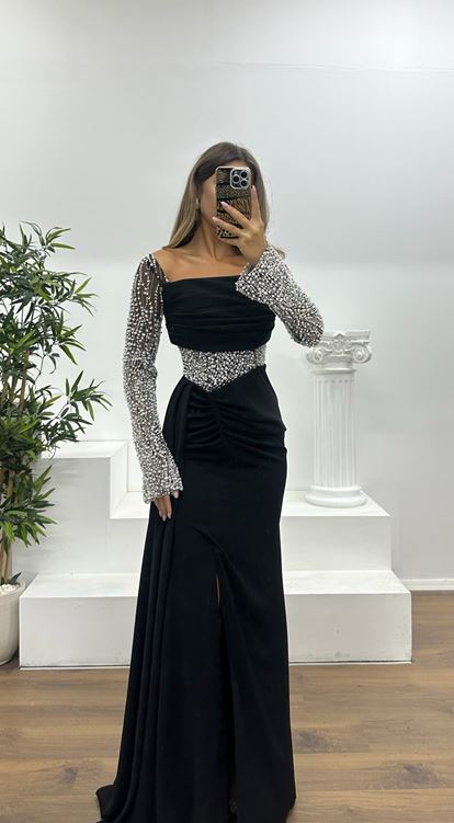 Siyah Bel Detay Abiye Elbise