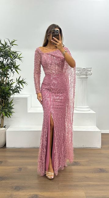 Dusty Rose Pearl Embroidered Evening Dress