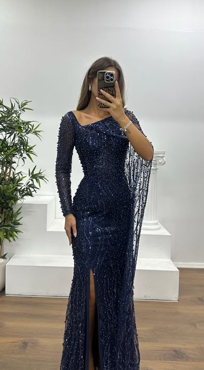 Navy Blue Pearl Embellished Evening Dress