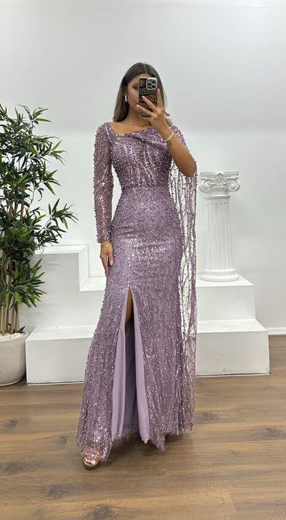 Lilac Pearl Embellished Evening Dress