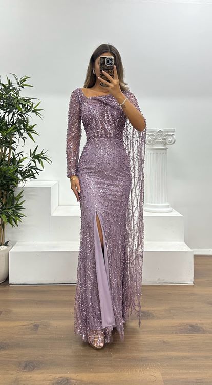 Lilac Pearl Embellished Evening Dress