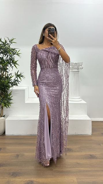 Lilac Pearl Embroidered Evening Dress