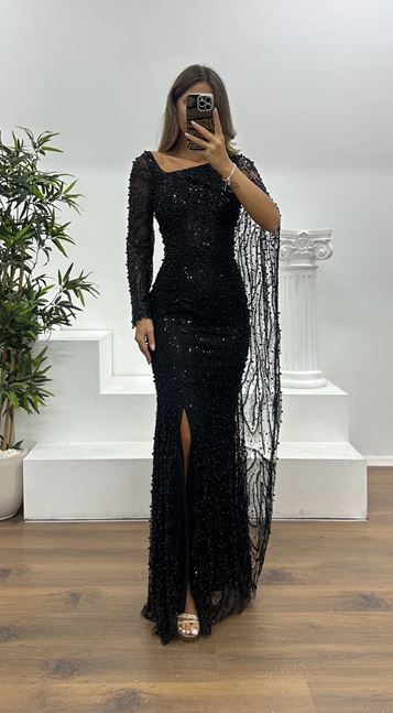 Black Pearl Embroidered Evening Dress