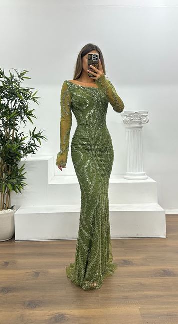 Khaki Asymmetrical Collar Embroidered Evening Dress