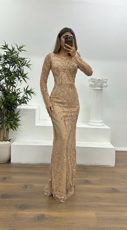 Nerzfarbenes Abendkleid mit asymmetrischem Kragen und Stickerei