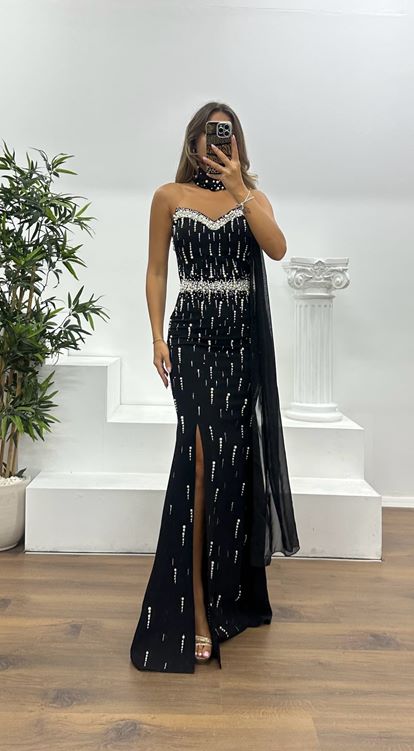Siyah Straplez İnci Detay Abiye Elbise
