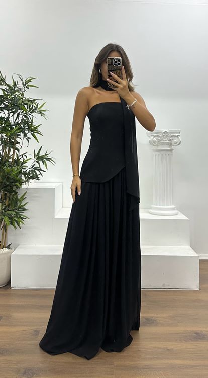 Black Strapless Chiffon Detail Evening Dress