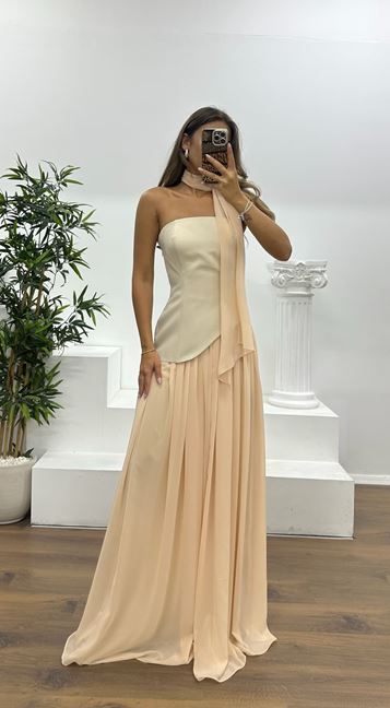 Powder Strapless Chiffon Detail Evening Dress