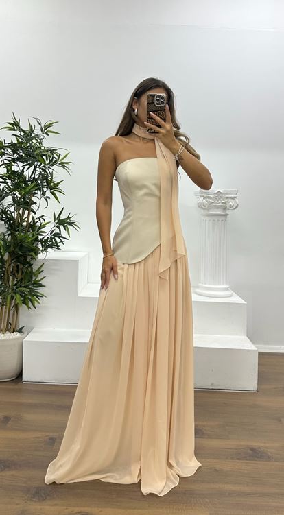 Powder Strapless Chiffon Detail Evening Dress