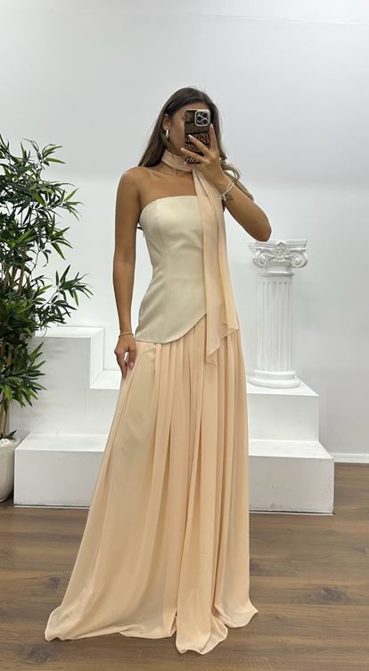 Powder Strapless Chiffon Detail Evening Dress