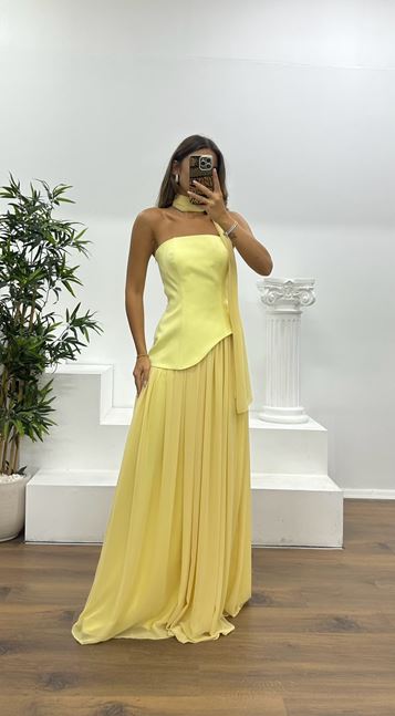 Yellow Strapless Chiffon Detail Evening Dress