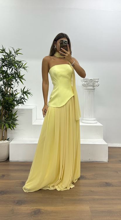Yellow Strapless Chiffon Detail Evening Dress