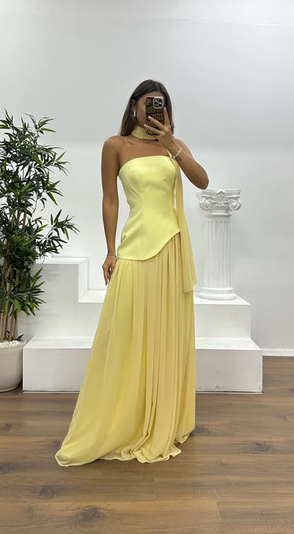 Yellow Strapless Chiffon Detail Evening Dress