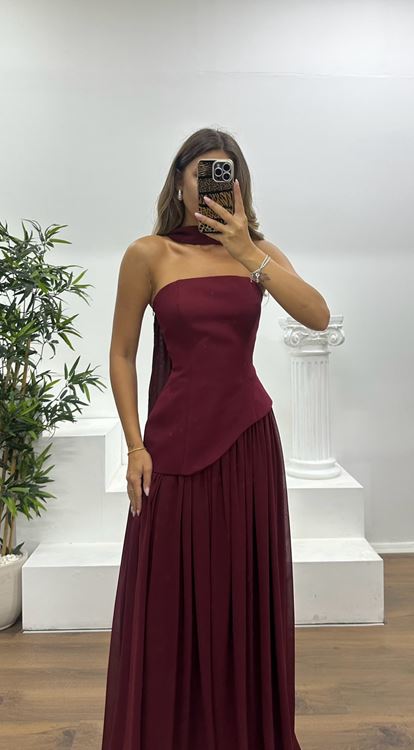 Burgundy Strapless Chiffon Detail Evening Dress