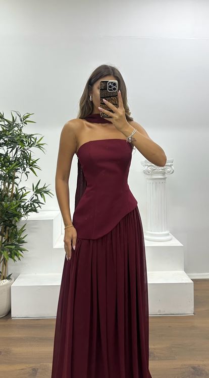 Burgundy Strapless Chiffon Detail Evening Dress