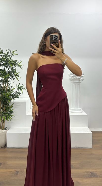 Burgundy Strapless Chiffon Detail Evening Dress