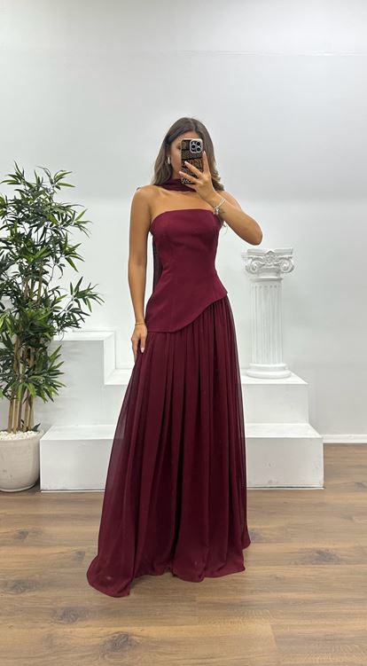Burgundy Strapless Chiffon Detail Evening Dress