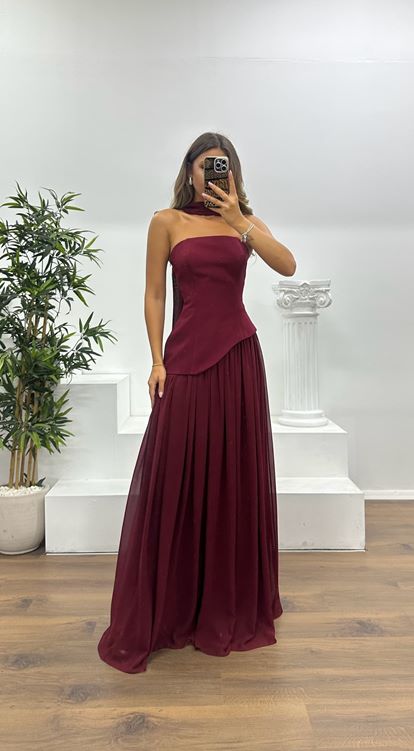 Burgundy Strapless Chiffon Detail Evening Dress