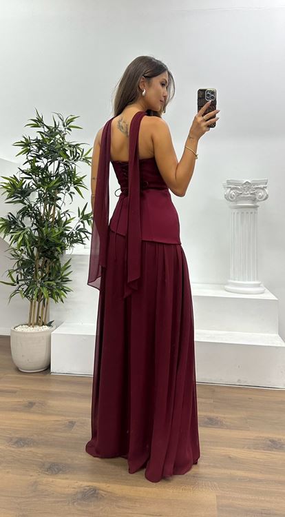 Burgundy Strapless Chiffon Detail Evening Dress