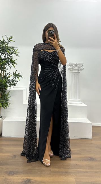 Black Strapless Embroidered Cape Evening Dress