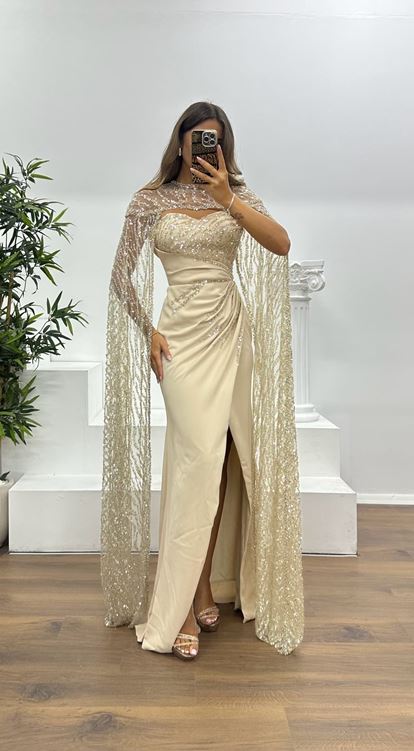Goldfarbenes  trägerloses  besticktes Cape Abendkleid