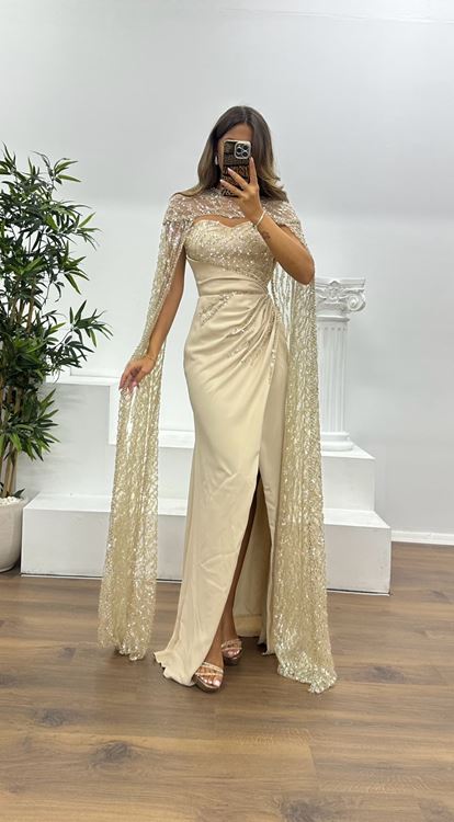 Goldfarbenes  trägerloses  besticktes Cape Abendkleid