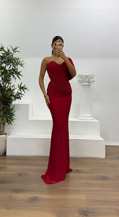 Red Draped Evening Dress with Sleeve Detail