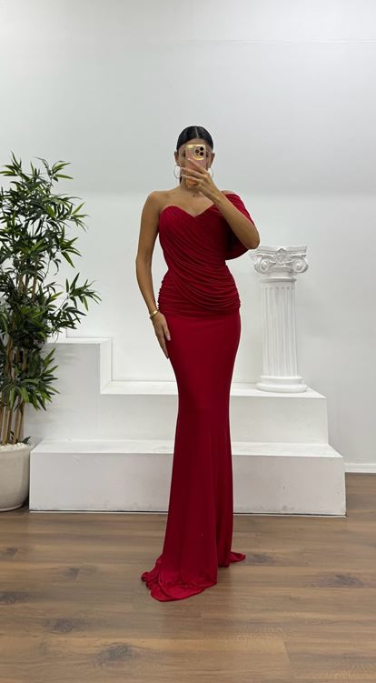 Red Draped Evening Dress with Sleeve Detail