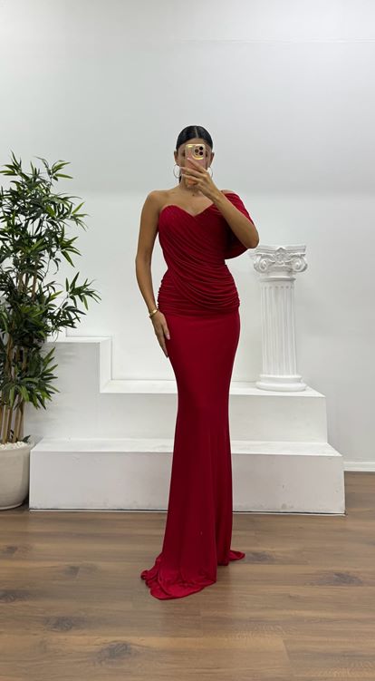 Red Draped Evening Dress with Sleeve Detail