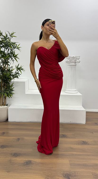 Red Draped Evening Dress with Sleeve Detail