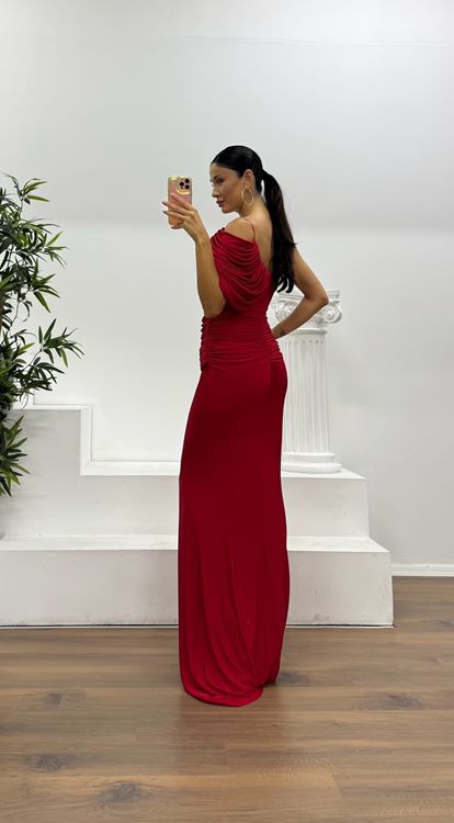 Red Draped Evening Dress with Sleeve Detail