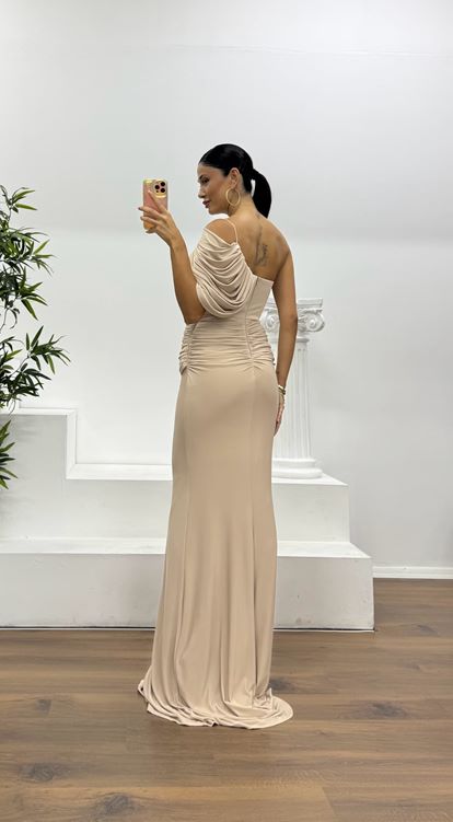 Vizon Kol Detay Drapeli Abiye Elbise