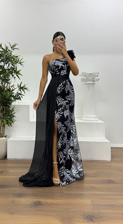 Black One Shoulder Patterned Evening Dress