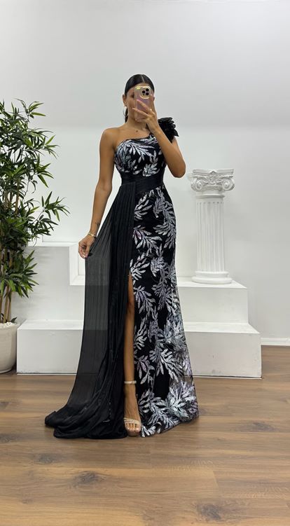 Black One Shoulder Patterned Evening Dress
