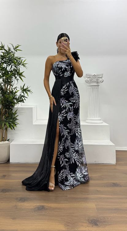Black One Shoulder Patterned Evening Dress