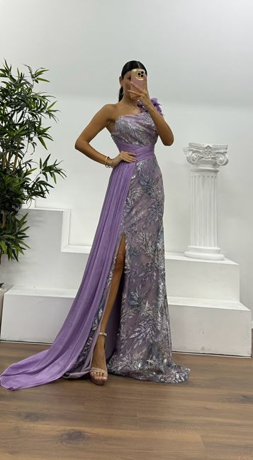 Lilac One Shoulder Patterned Evening Dress